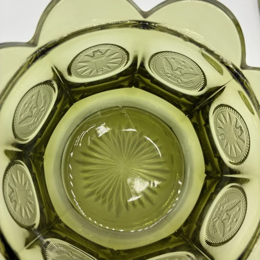Vintage Fostoria Coin Glass Candy Dish w Lid Avocado Green Eagle 1887 Pedestal